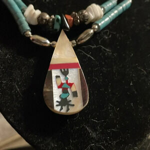 Native American turquoise kewa teardrop Apache dancer Heishi beaded necklace